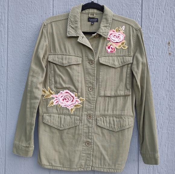 Topshop Ethan Rose Appliqué Utility Jacket Army Green Size 6 - Picture 1 of 11